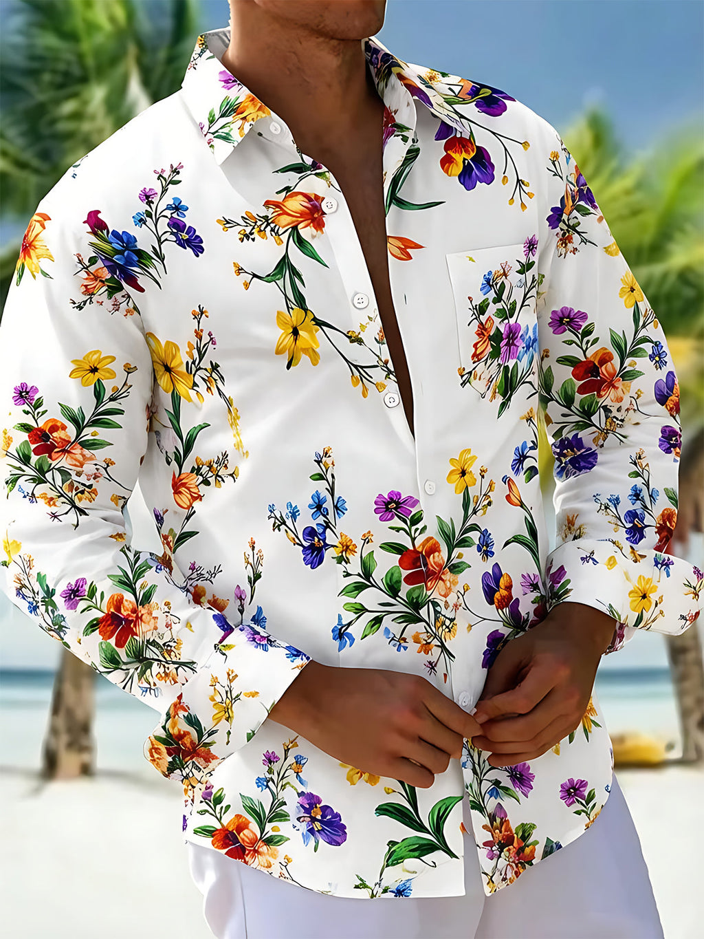 Oceanlyte Men's Colorful Wildflower Floral Print Long Sleeve Button Down Shirt with Chest Pocket