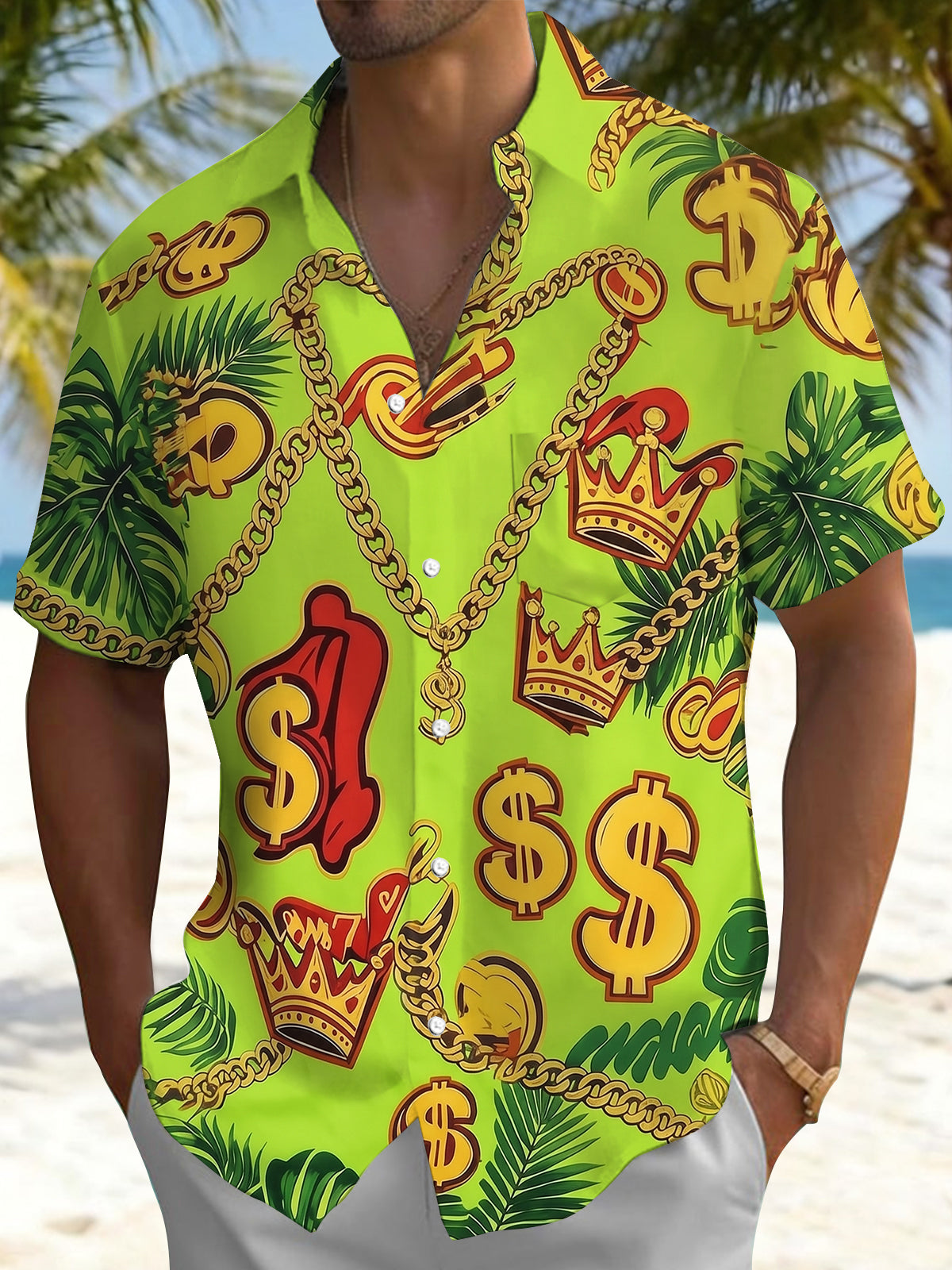 Oceanlyte Men's Graphic Tropical Dollar Sign Crown Pattern Print Short Sleeve Button Down Shirt with Chest Pocket