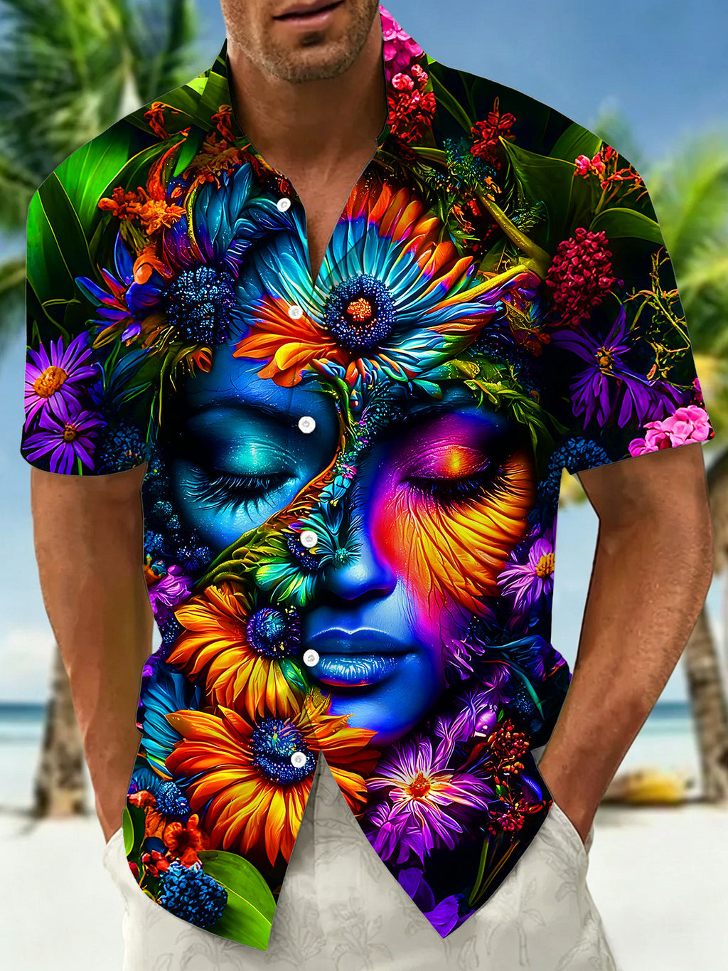 Oceanlyte Men's Floral Face Graphic Print Short Sleeve Button Down Shirt with Chest Pocket