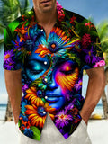 Oceanlyte Men's Floral Face Graphic Print Short Sleeve Button Down Shirt with Chest Pocket