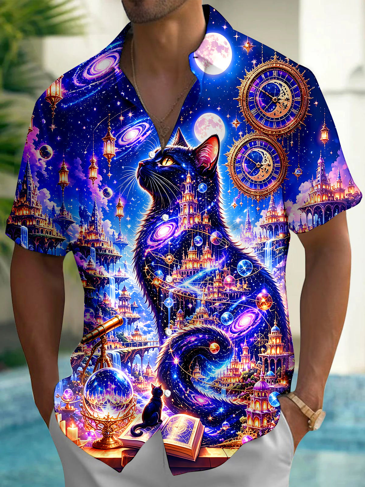 Oceanlyte Men's Graphic 3D Fantasy Cat Space Castle Print Short Sleeve Button Down Shirt with Chest Pocket