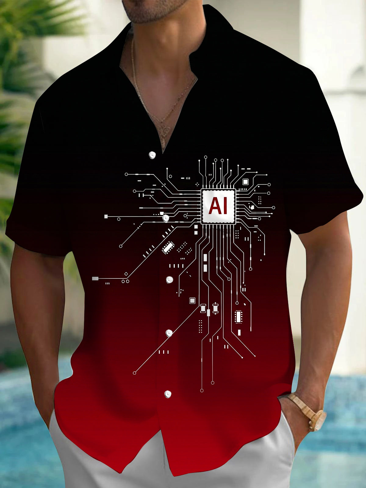 Oceanlyte Men's Ai Circuit Board Graphic Print Short Sleeve Button Down Shirt with Chest Pocket
