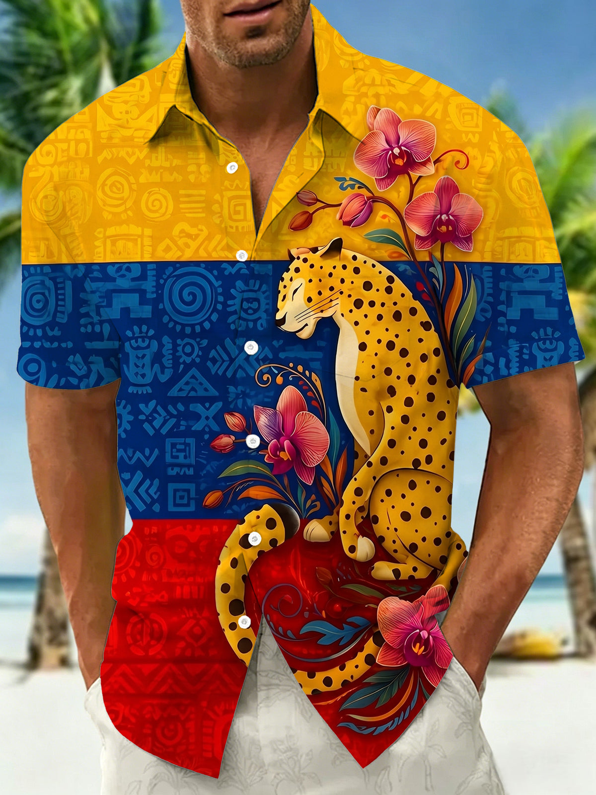 Oceanlyte Men's Hawaiian Leopard Animal Print Short Sleeve Shirt with Chest Pocket