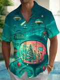 Oceanlyte Men's Retro Space Christmas Scene Print Short Sleeve Shirt with Chest Pocket