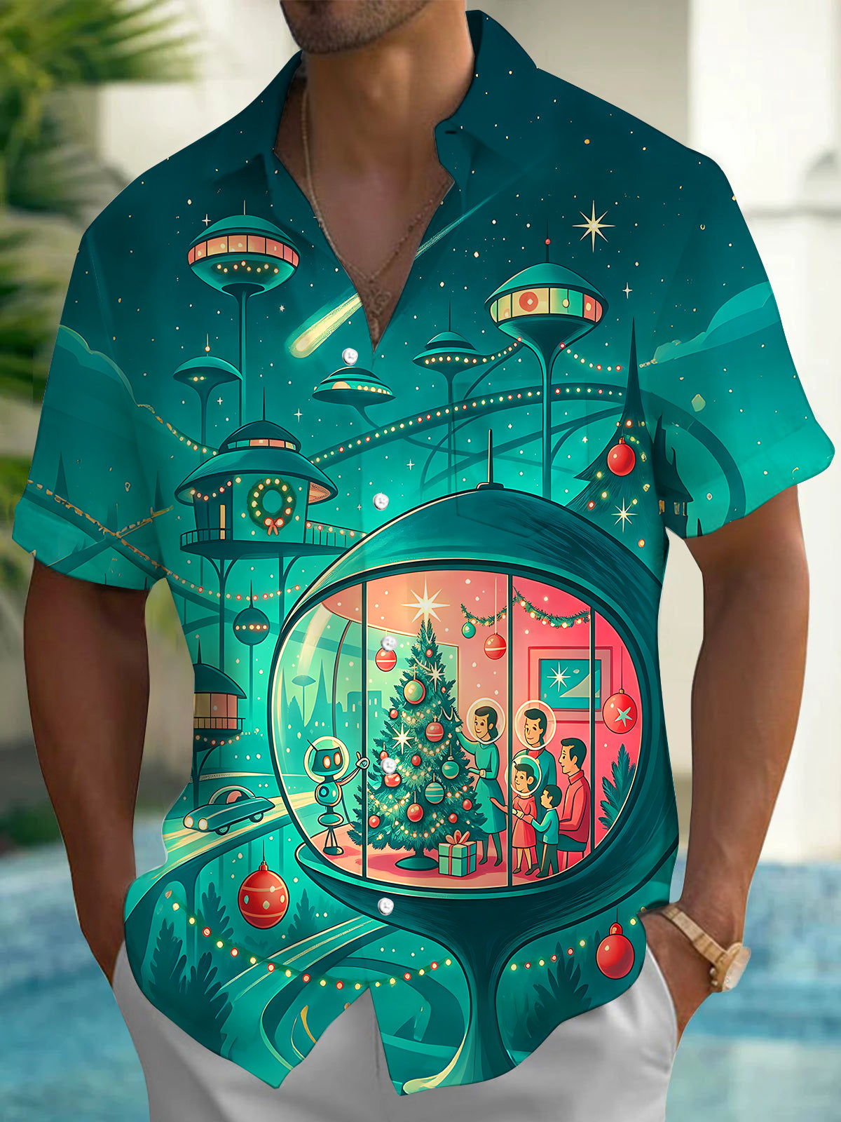 Oceanlyte Men's Retro Space Christmas Scene Print Short Sleeve Shirt with Chest Pocket