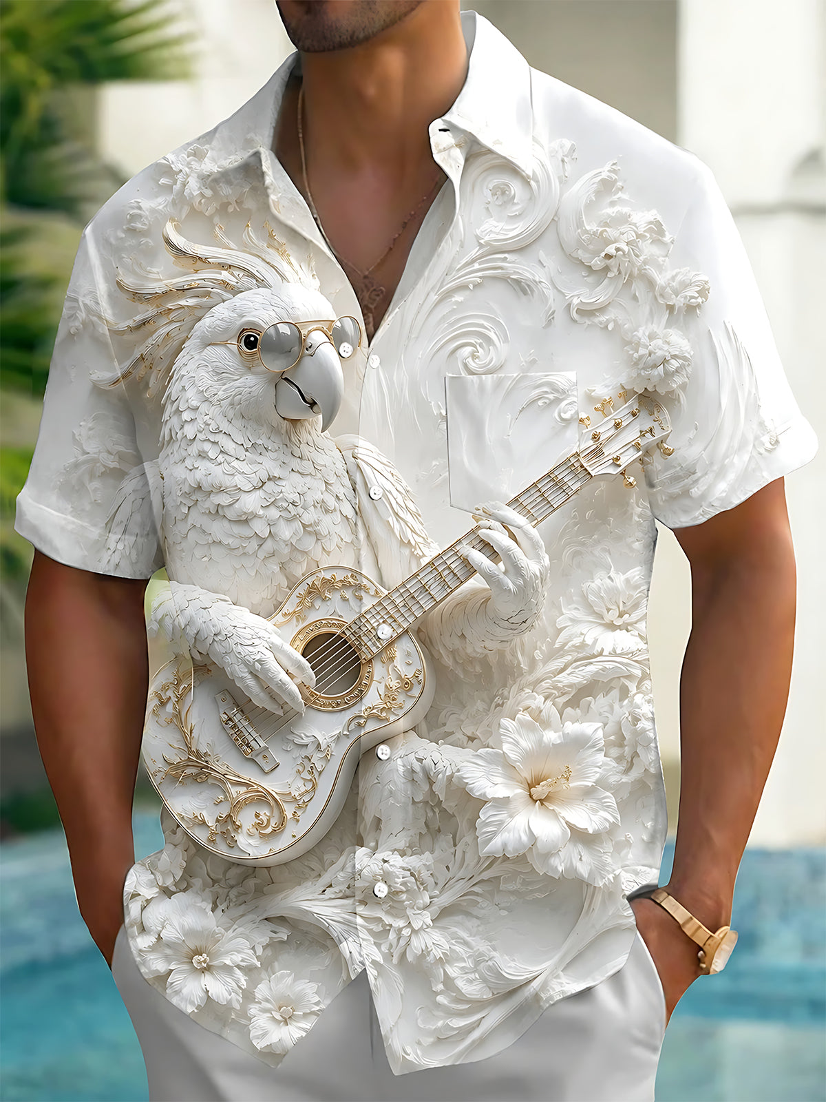 Oceanlyte Men's Graphic 3D Parrot With Guitar Print Short Sleeve Shirt with Chest Pocket