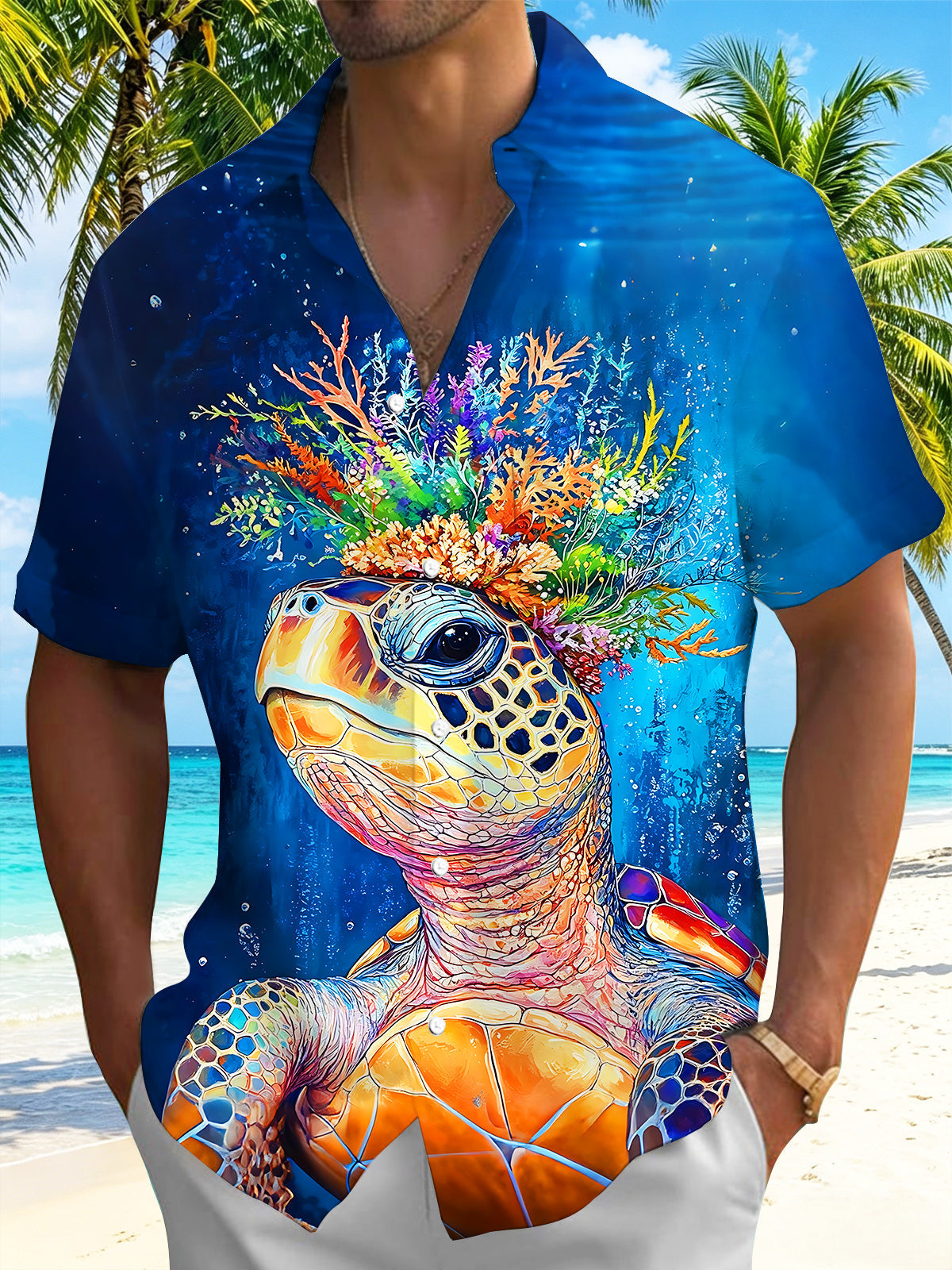 Oceanlyte Men's Hawaiian Sea Turtle Print Short Sleeve Shirt with Chest Pocket