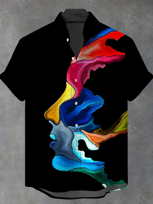 Abstract Face Art Men's Pocket Short Sleeve Stand Collar Shirts