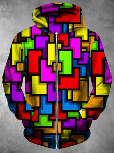 Colorful Geometric Squares Long Sleeve Pocket Men's Zip Up Hoodies