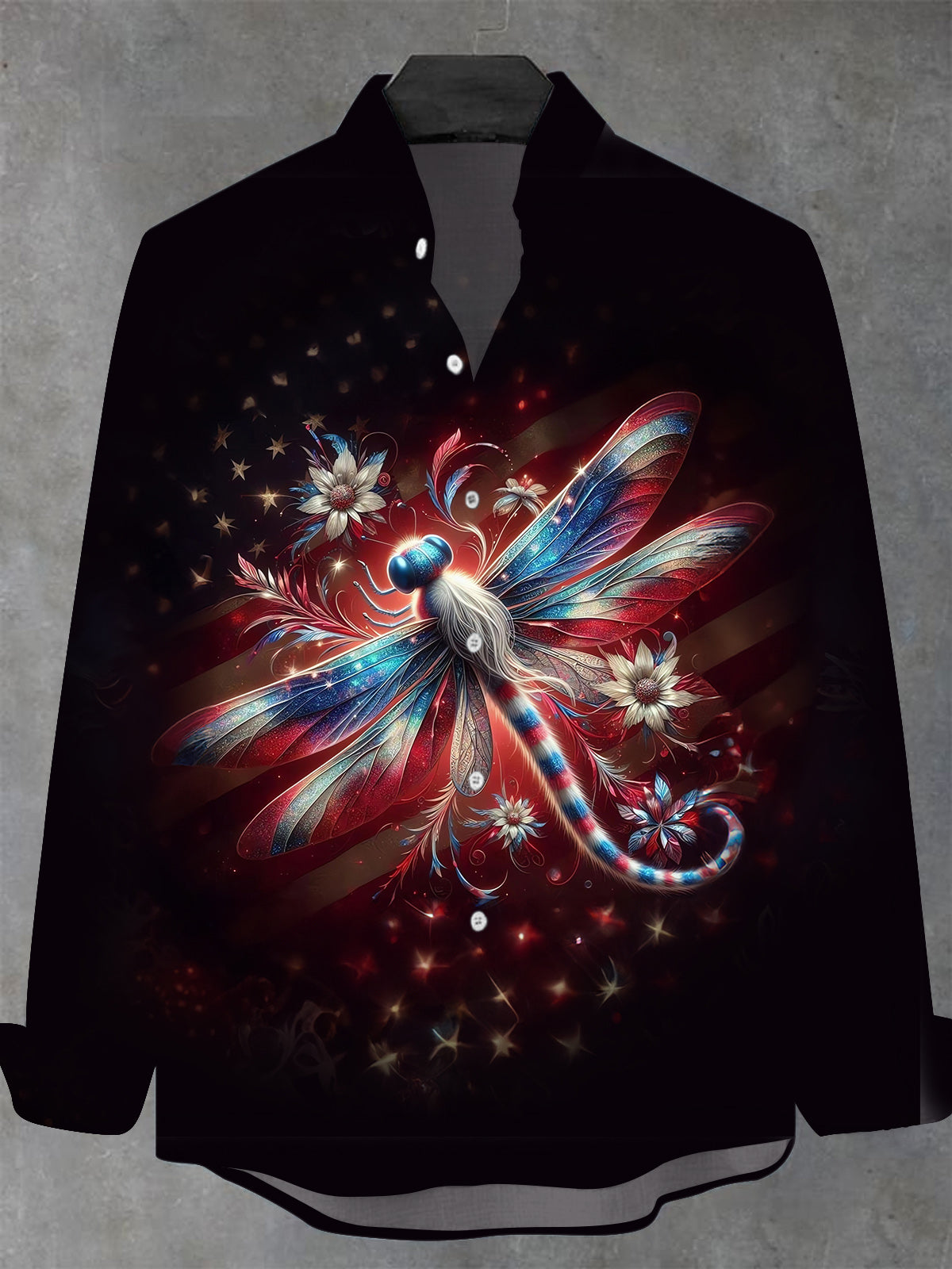 Dragonfly American Flag Men's Pocket Long Sleeve Stand Collar Shirts