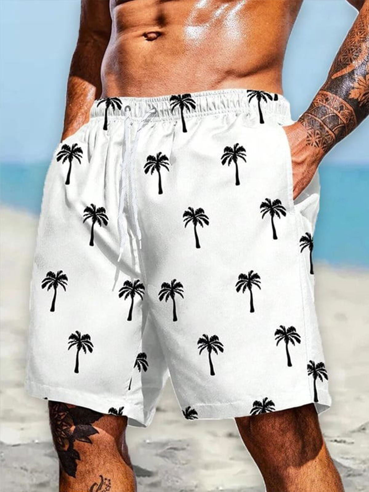 Hawaiian Coconut Tree Print Men's Shorts With Pocket