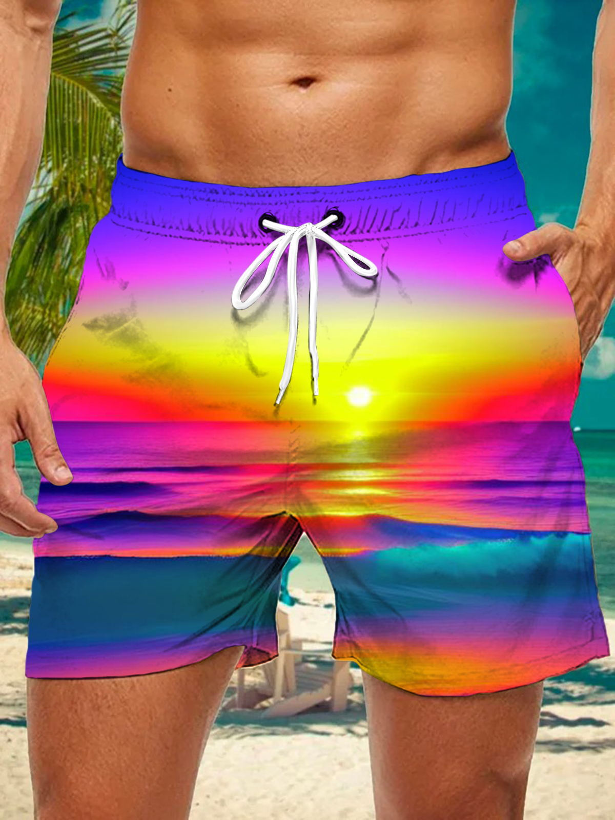 Sunset Seaside Scenery Print Men's Shorts With Pocket