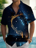 Oceanlyte Men's Graphic Musical Notes Night Sky Print Short Sleeve Button Down Shirt with Chest Pocket