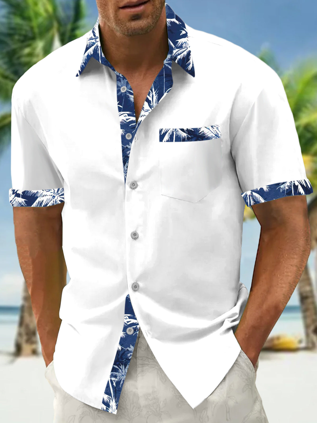 Hawaiian Palm Tree Men's Pocket Short Sleeve Shirts