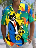 Oceanlyte Men's Graphic Abstract Cat Playing Saxophone Print Short Sleeve Button Down Shirt with Chest Pocket