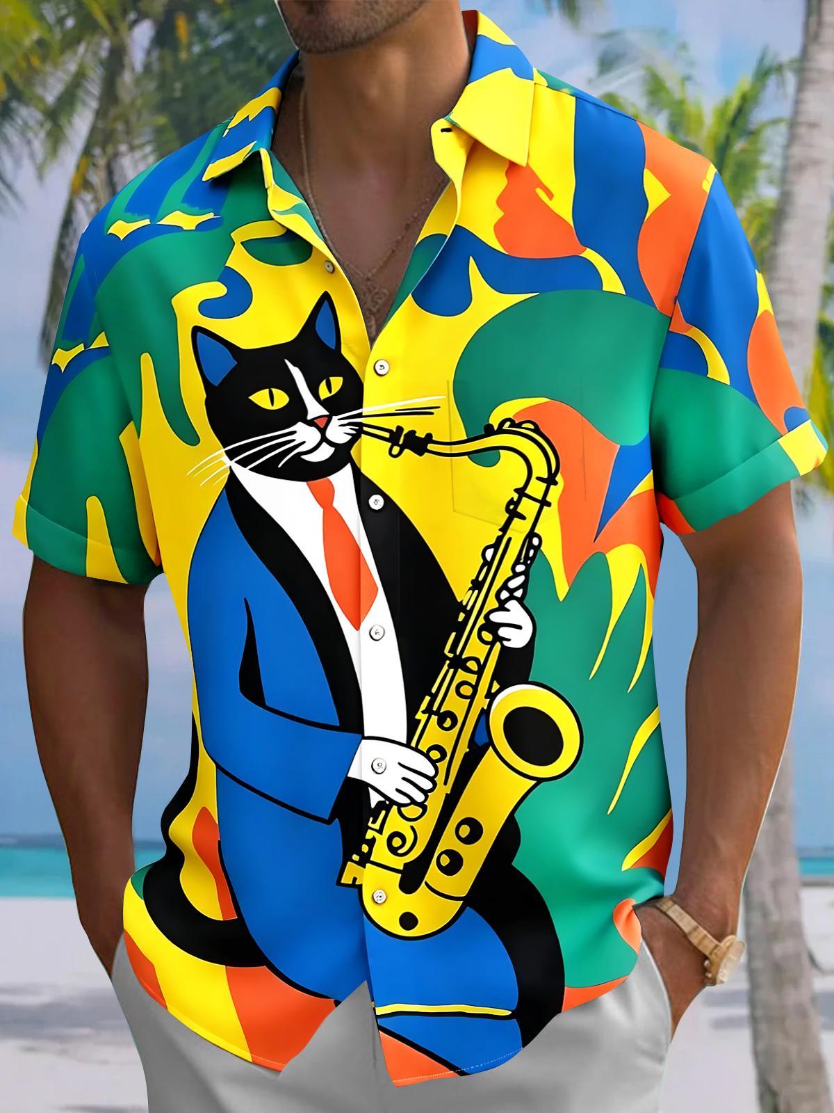 Oceanlyte Men's Graphic Abstract Cat Playing Saxophone Print Short Sleeve Button Down Shirt with Chest Pocket
