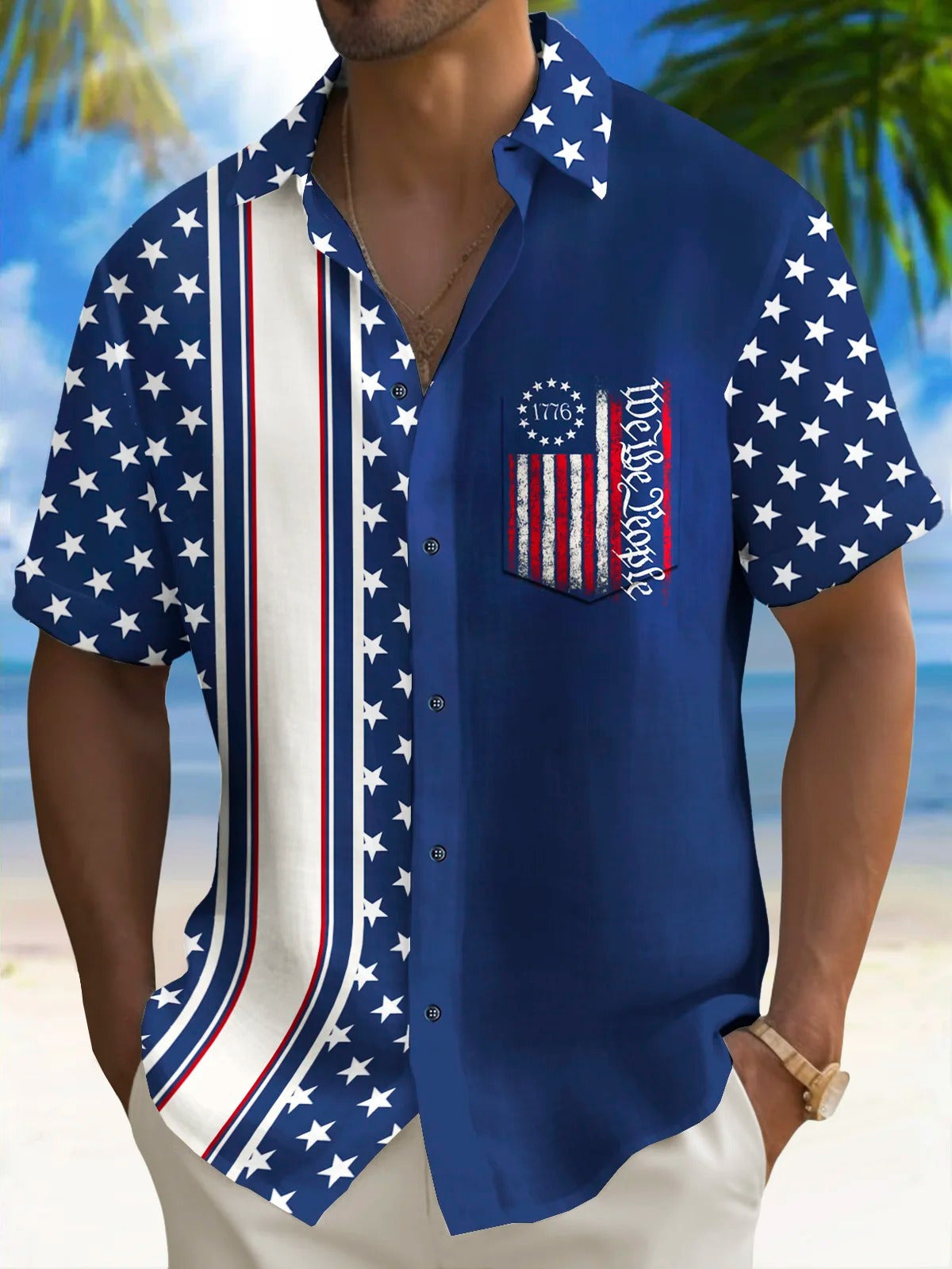 Independence Day American Flag Print Men's Pocket Short Sleeve Shirts