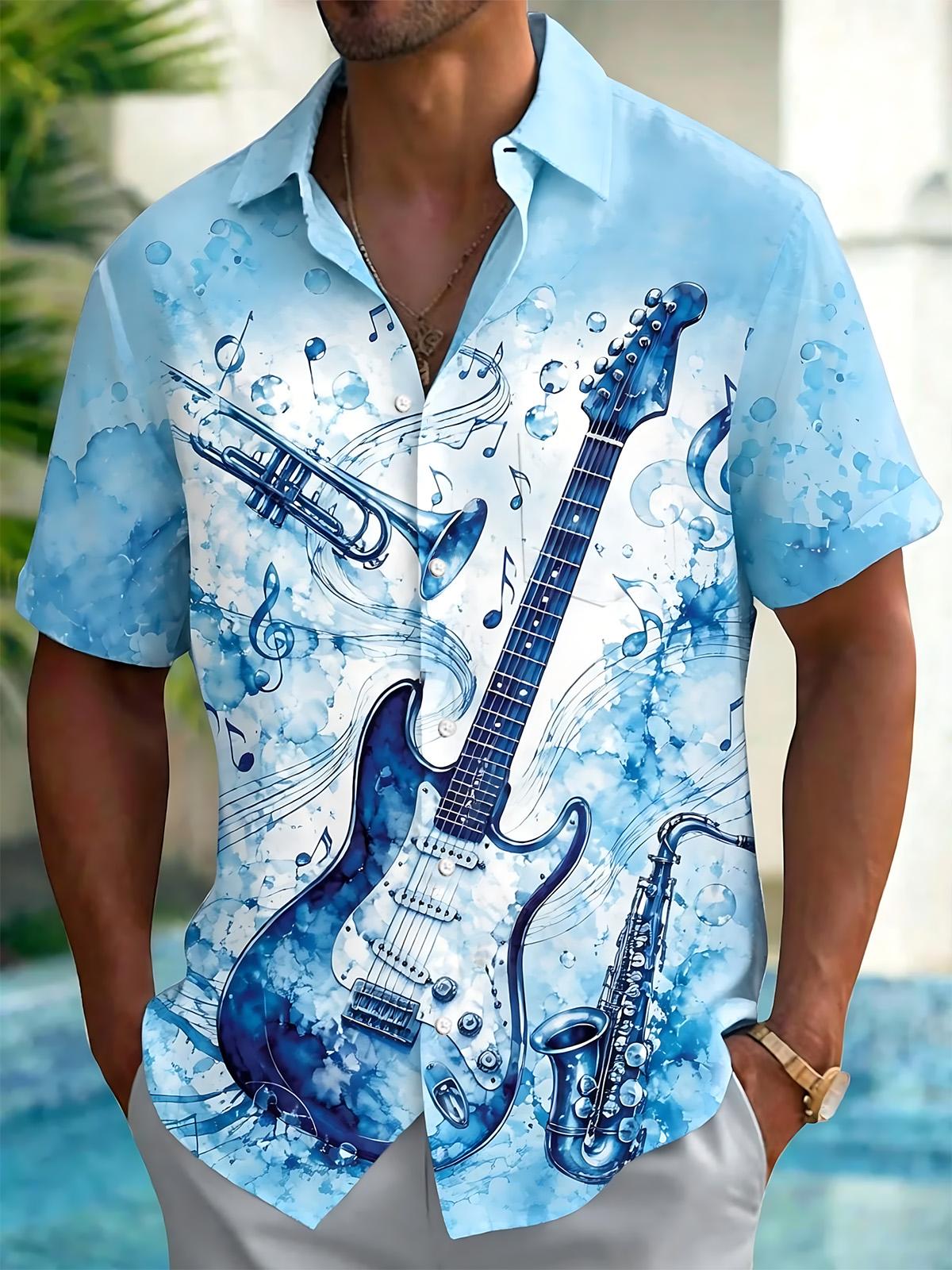 Oceanlyte Men's Graphic Watercolor Musical Instruments Print Short Sleeve Button Down Shirt with Chest Pocket