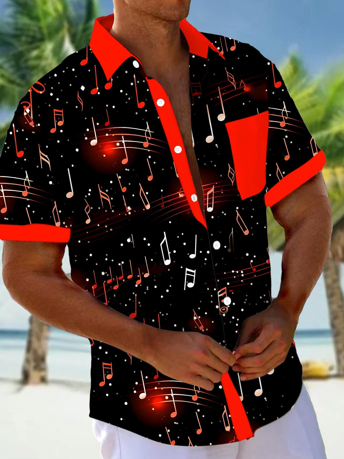 Men's Graphic Musical Note Pattern Print Short Sleeve Button Down Shirt with Chest Pocket
