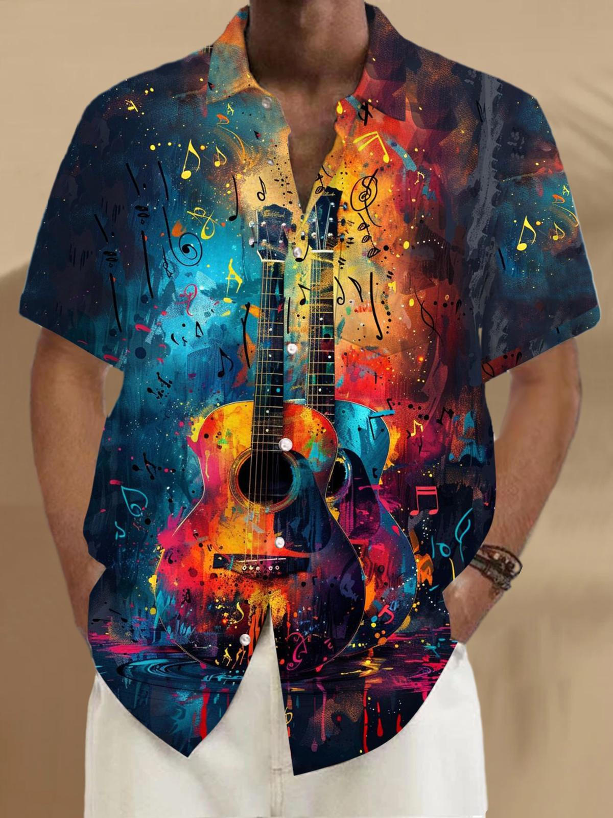 Oceanlyte Men's Graphic Abstract Guitar Musical Notes Print Short Sleeve Button Down Shirt with Chest Pocket