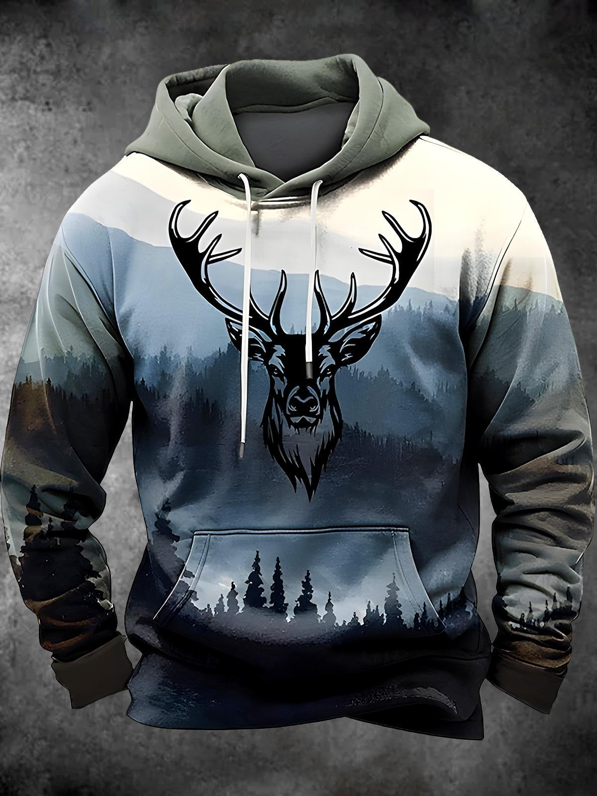 Deer Long Sleeve Hooded Pocket Men's Top