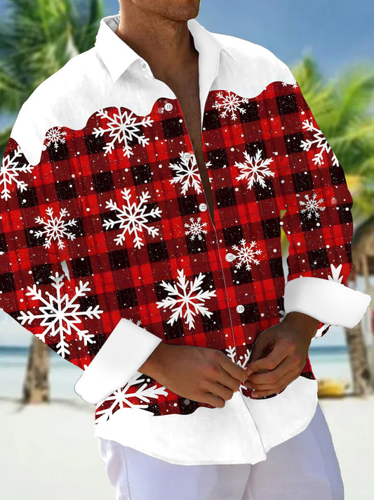 Snowflake Plaid Print Men's Pocket Long Sleeve Shirts