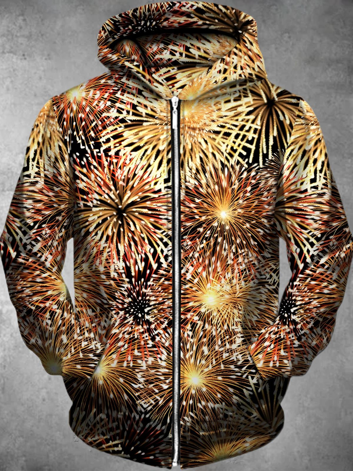 Firework Long Sleeve Pocket Men's Zip Up Hoodies