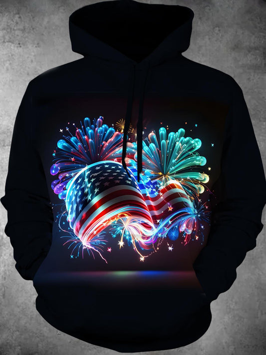 American Flag Fireworks Long Sleeve Hooded Pocket Men's Top