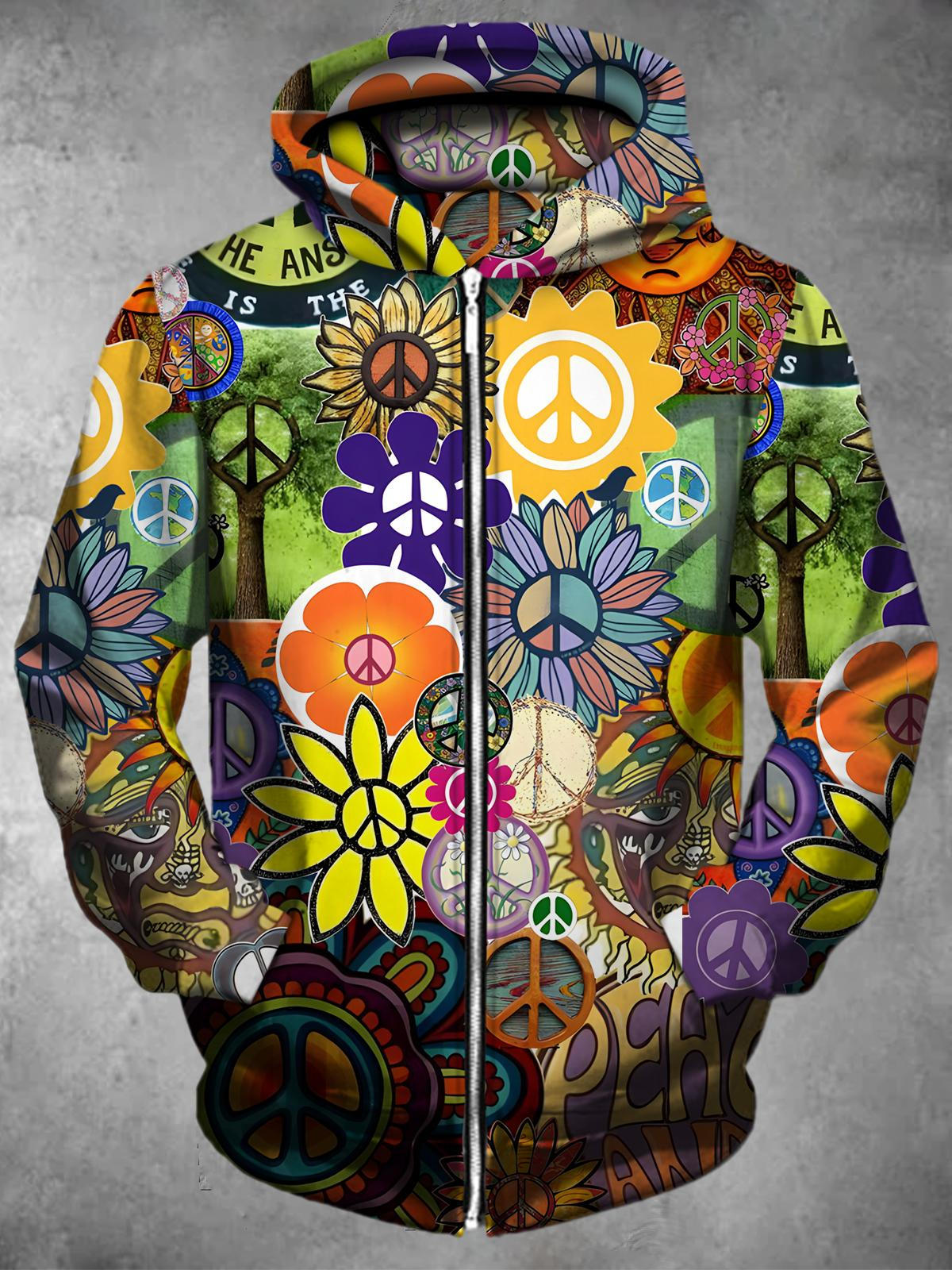 Peace Sign Long Sleeve Pocket Men's Zip Up Hoodies