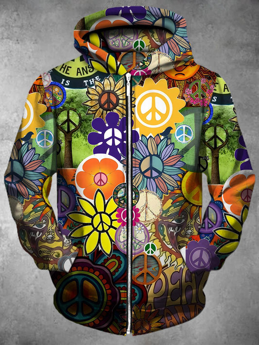 Peace Sign Long Sleeve Pocket Men's Zip Up Hoodies