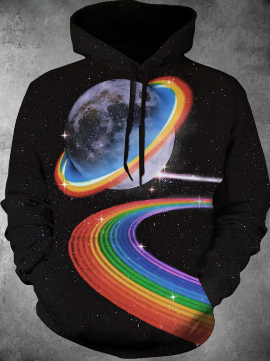 Universe Planet Rainbow Long Sleeve Hooded Pocket Men's Top