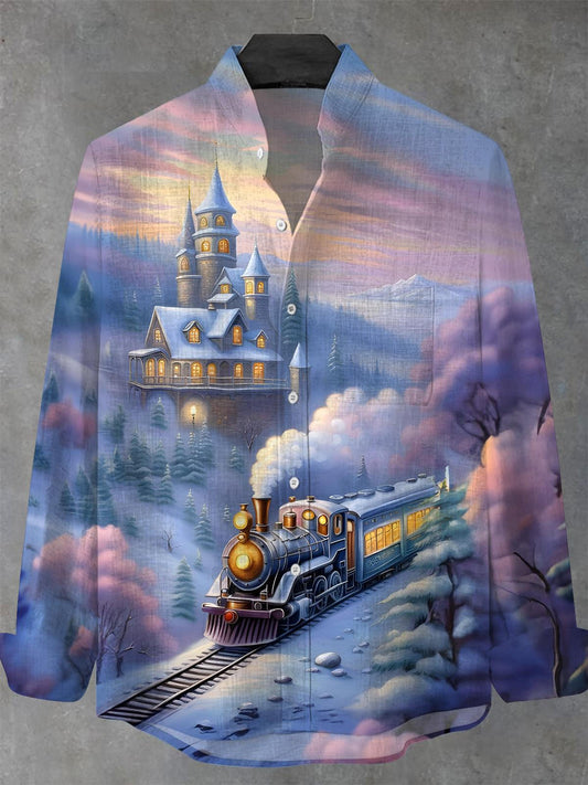 Winter Train Snow Scene Men's Pocket Long Sleeve Stand Collar Shirts