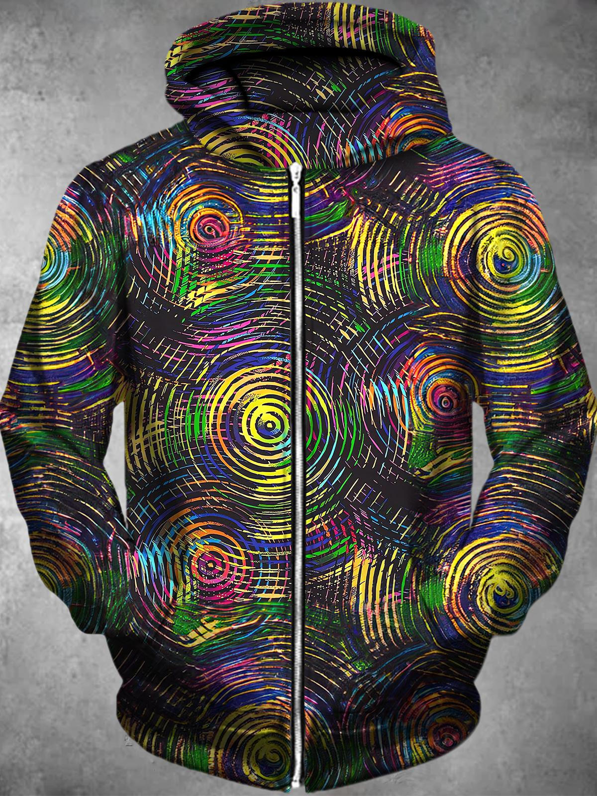 Geometric Line Long Sleeve Pocket Men's Zip Up Hoodies