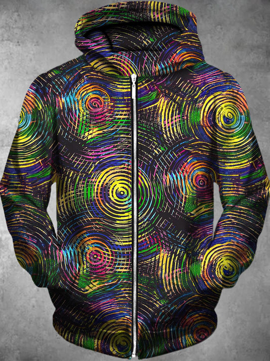 Geometric Line Long Sleeve Pocket Men's Zip Up Hoodies