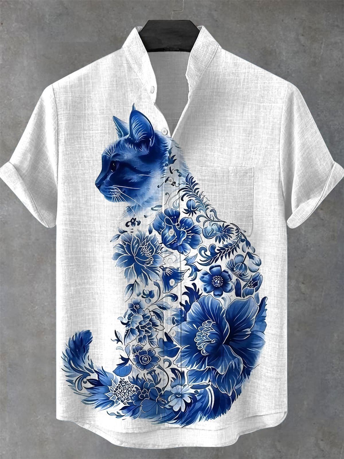 Cat Floral Men's Pocket Short Sleeve Stand Collar Shirts