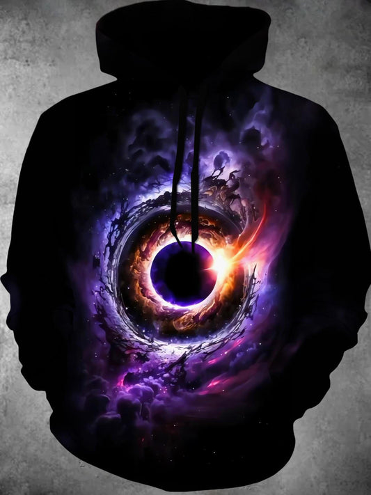 Black Hole Print Long Sleeve Hooded Pocket Men's Top