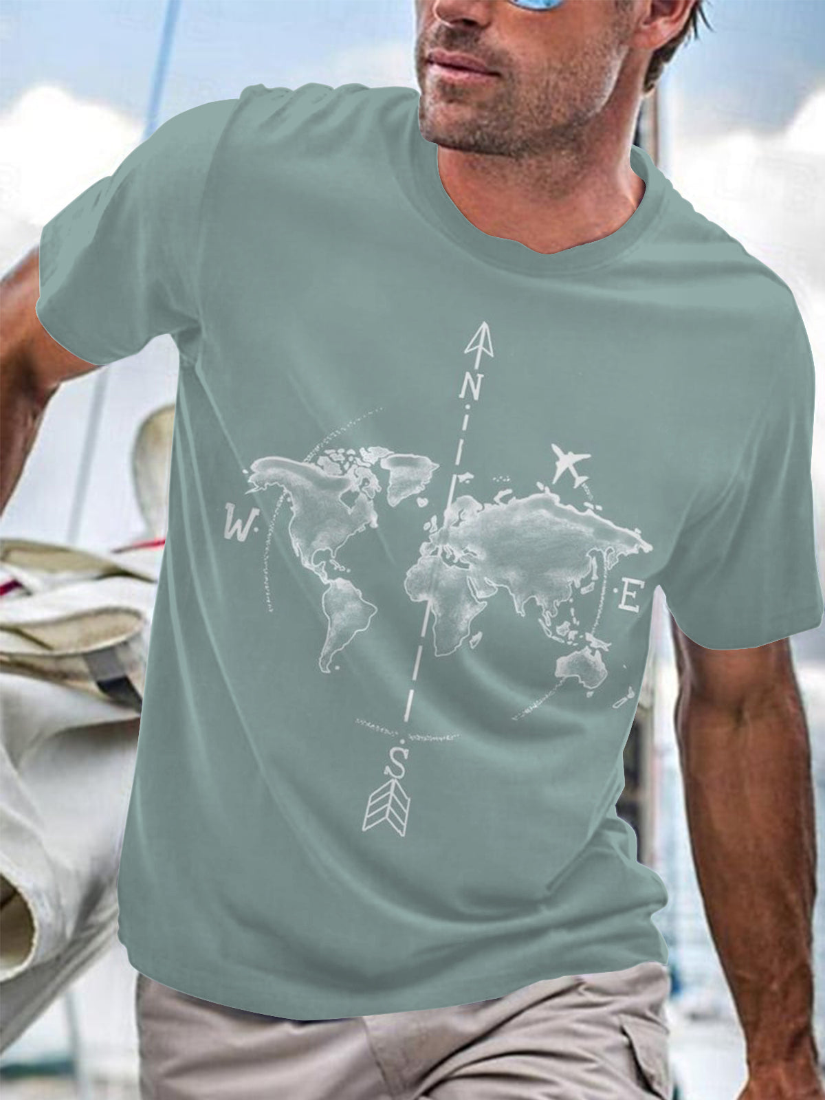 Map Compass Print Round Neck Short Sleeve Men's T-shirt