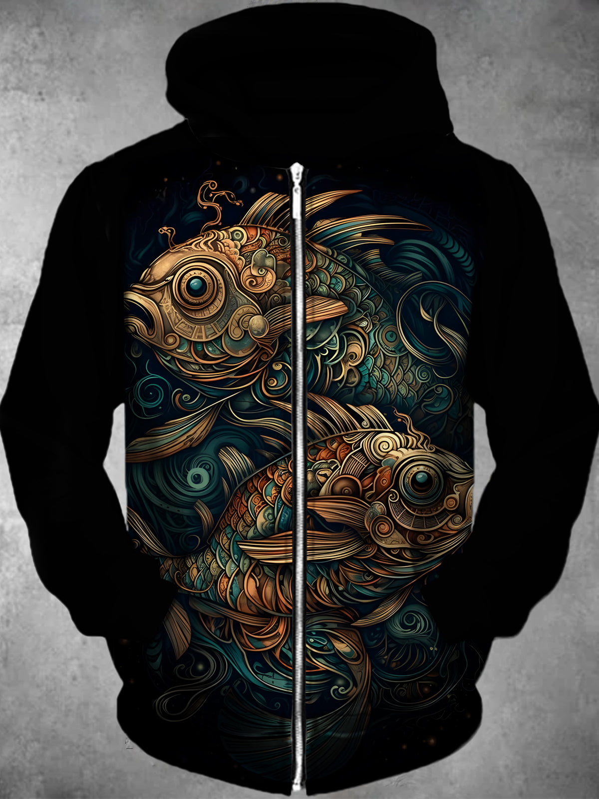 Fish Art Long Sleeve Pocket Men's Zip Up Hoodies