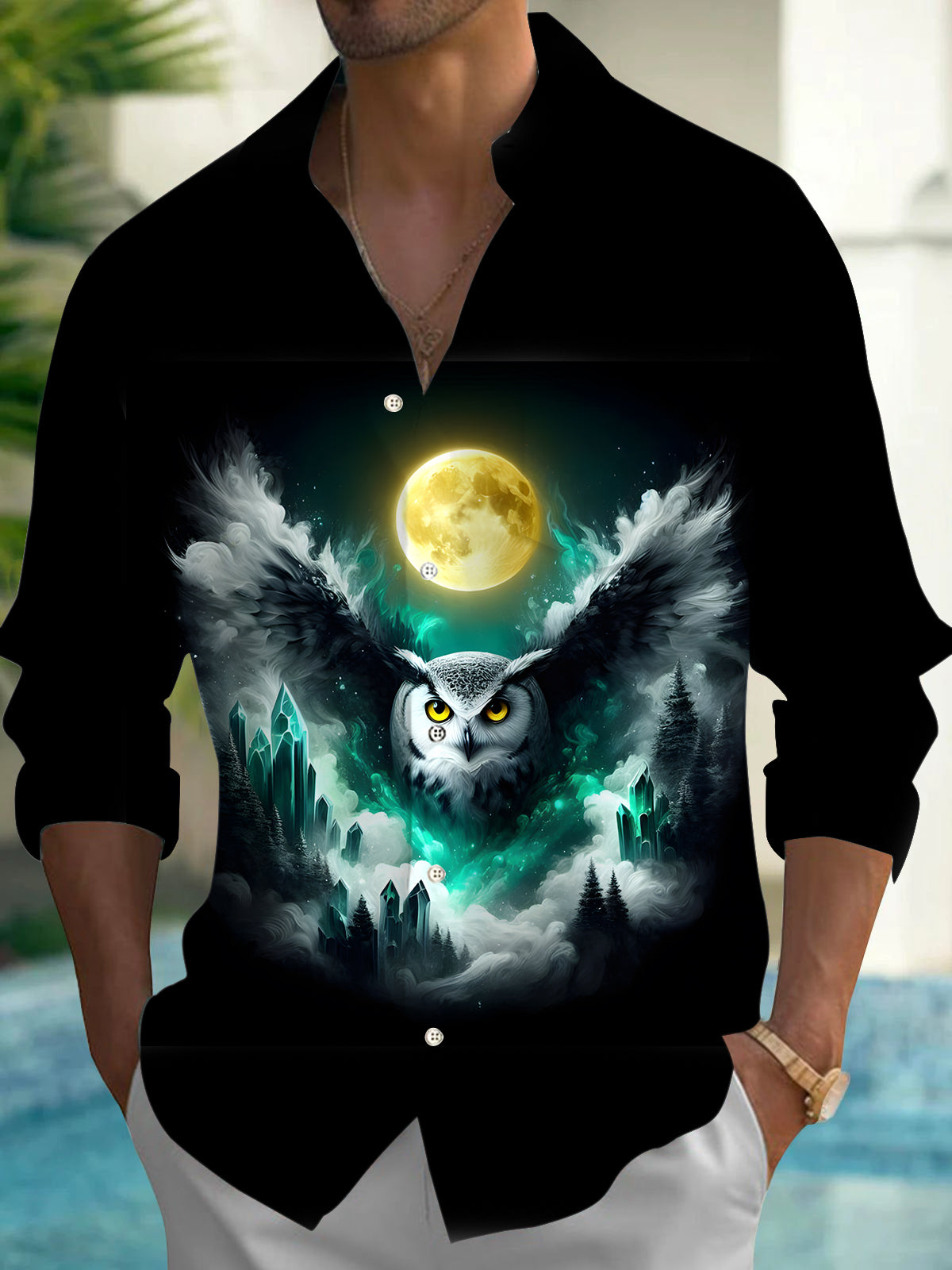 Owl Moon Men's Pocket Long Sleeve Shirts