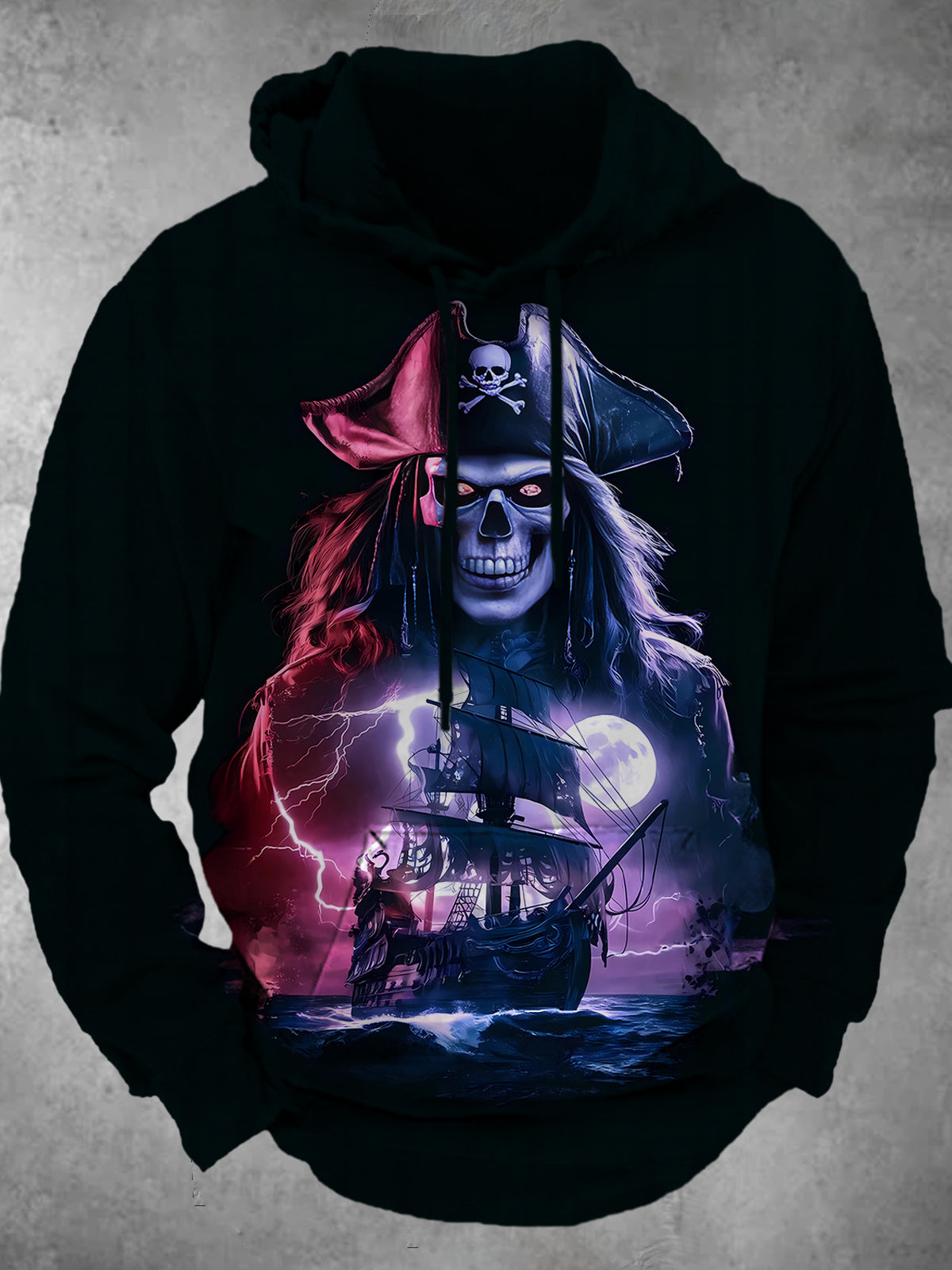 Skull Boat Print Long Sleeve Hooded Pocket Men's Top