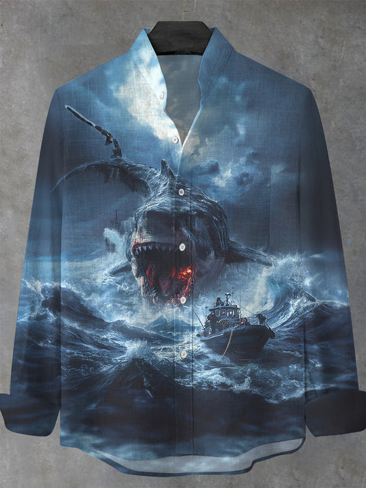 Ocean Shark Boat Men's Pocket Long Sleeve Stand Collar Shirts