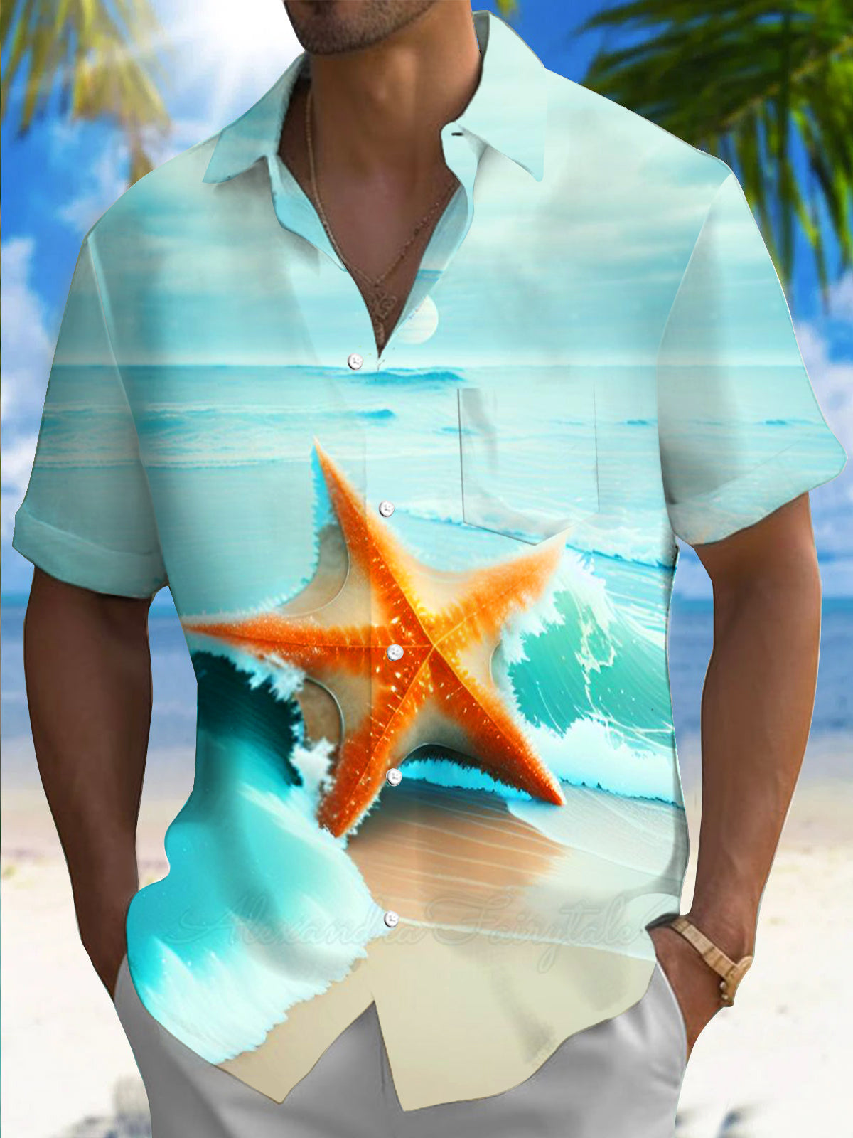 Starfish Print Men's Pocket Short Sleeve Shirts