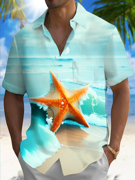 Starfish Print Men's Pocket Short Sleeve Shirts