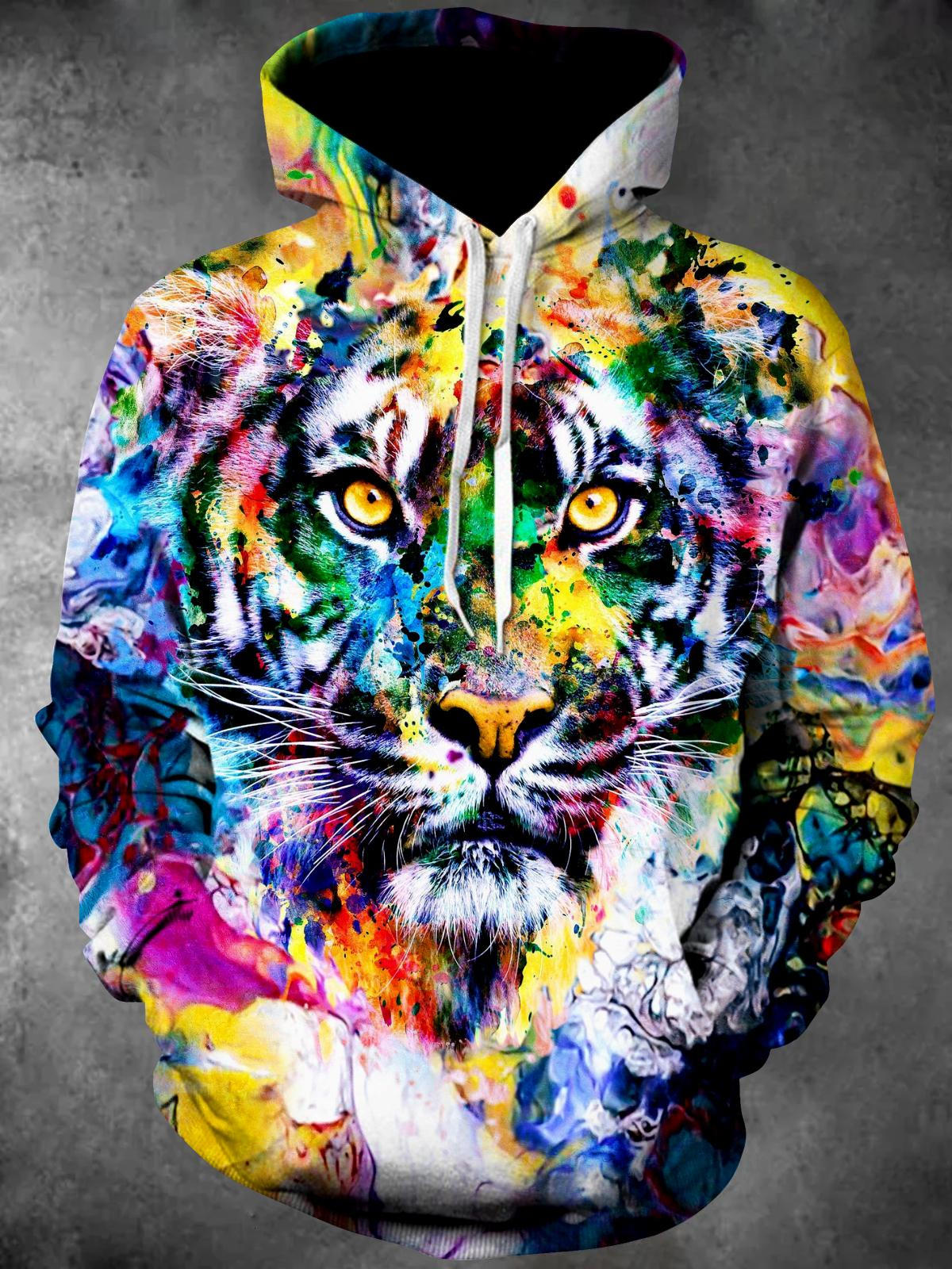 Tiger Long Sleeve Hooded Pocket Men's Top