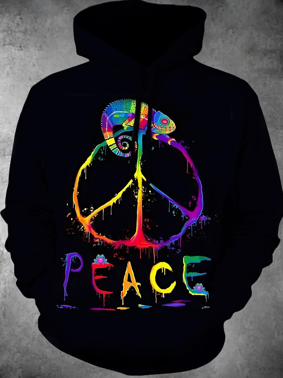 Peace Logo Lizard Long Sleeve Hooded Pocket Men's Top