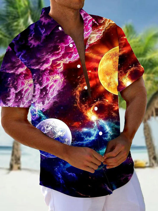 Cosmic Planet Print Short Sleeve Men's Shirts With Pocket