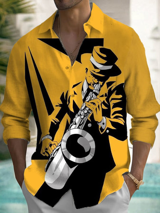 Musical Print Long Sleeve Men's Shirts With Pocket