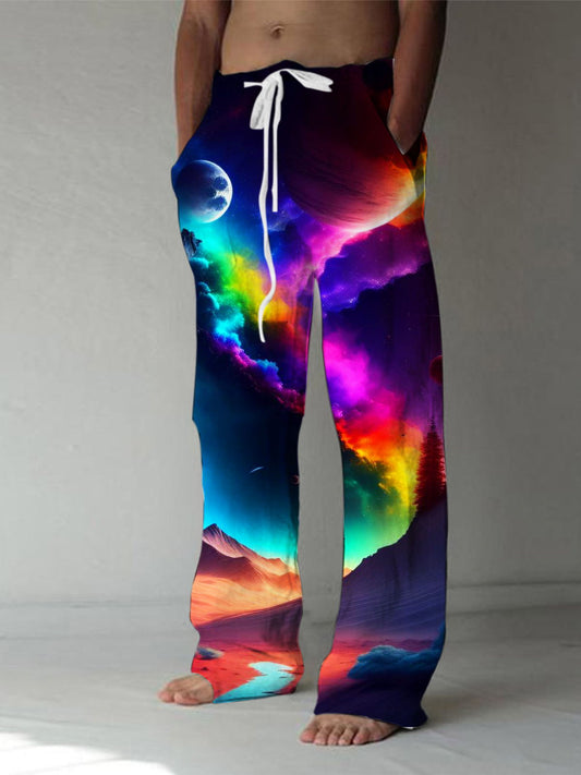 Cosmic Planet Print Men's Casual Elastic Waist Pants