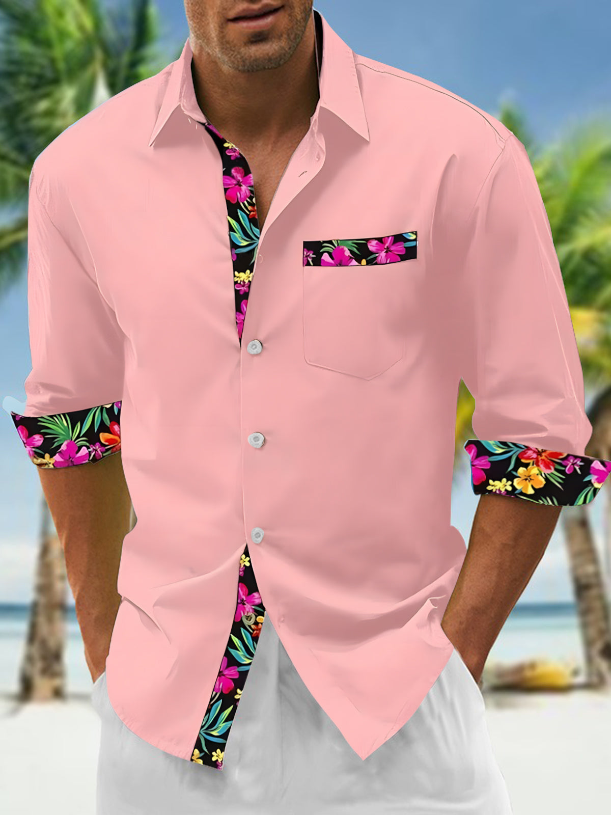 Floral Men's Pocket Long Sleeve Shirts