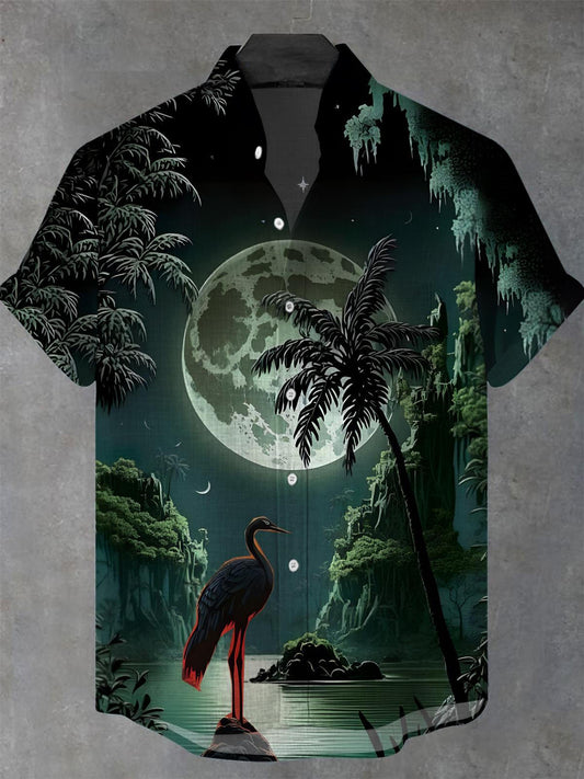 Flamingo Moon Coconut Tree Men's Pocket Short Sleeve Stand Collar Shirts